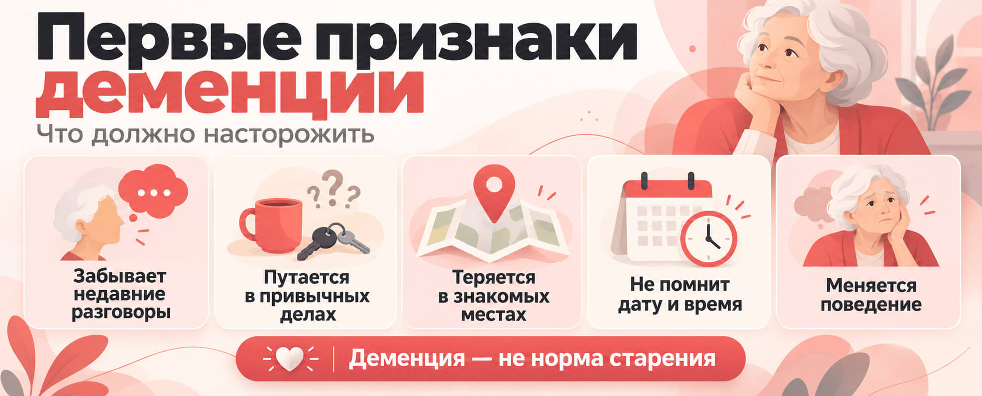 Первые признаки деменции: забывчивость, изменения поведения, затруднения в привычных делах и ориентации