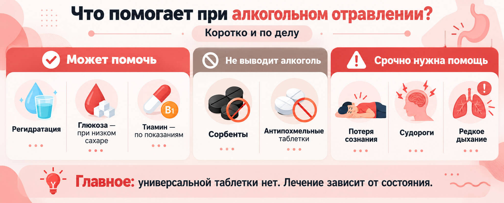 Какие средства помогают при алкогольном отравлении: регидратация, глюкоза, тиамин и опасные признаки